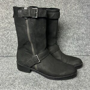 Eileen Fisher LOG harness moto boots size 8.5 black nubuck biker goth adjustable